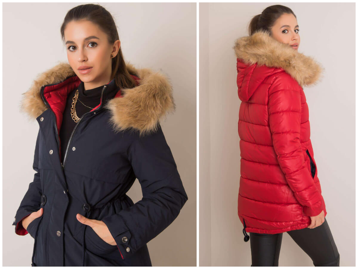 Modelka pozuje promując damskie kurtki zimowe hurtowo