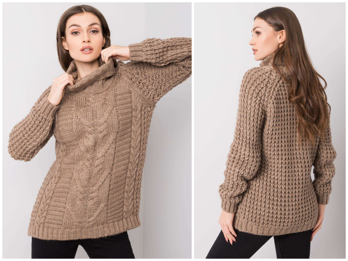 Modelka pozuje do zdjęcia promując modne swetry damskie na zimę hurtowo