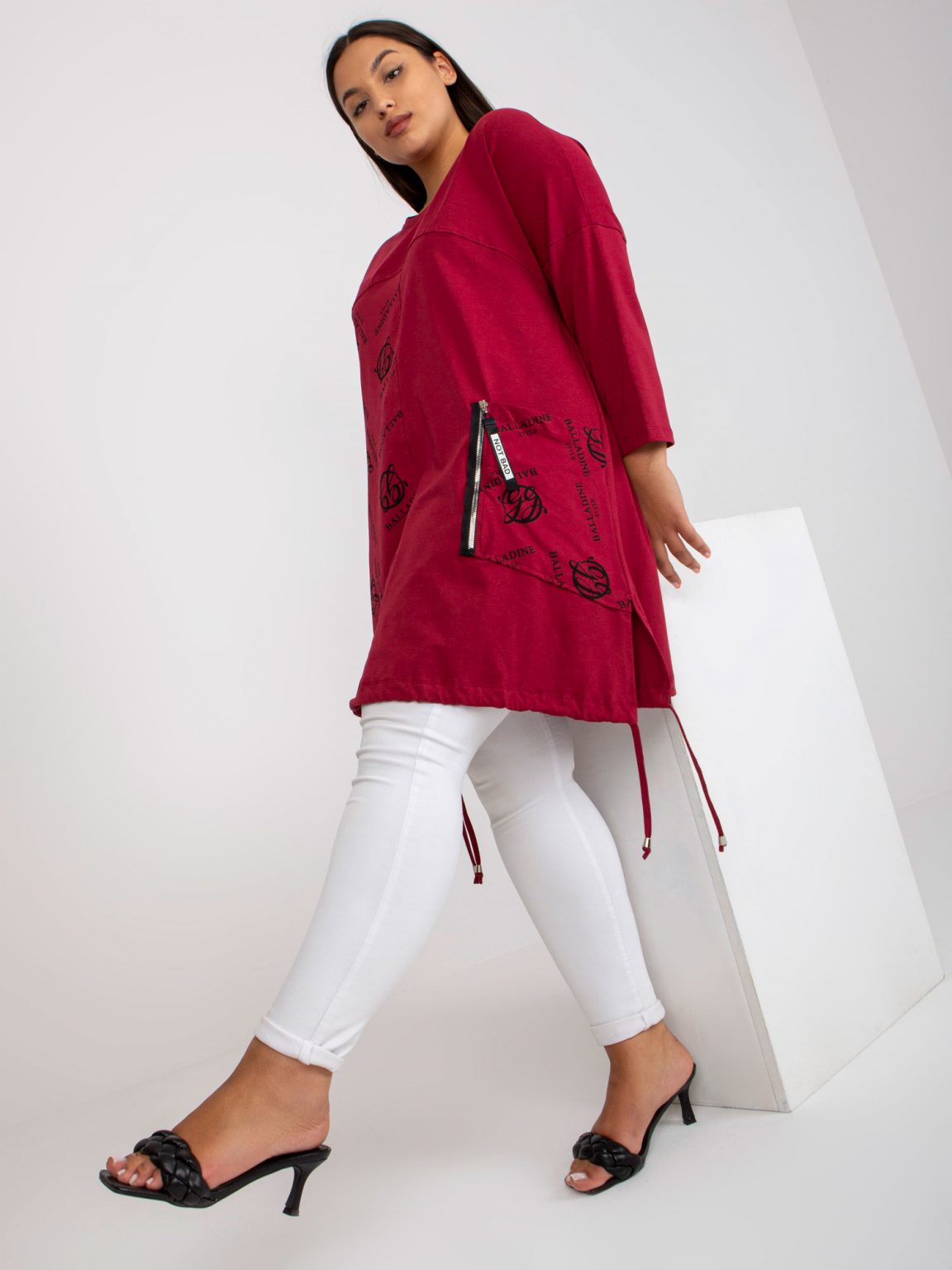 Bordowa bawełniana tunika plus size z kieszenią