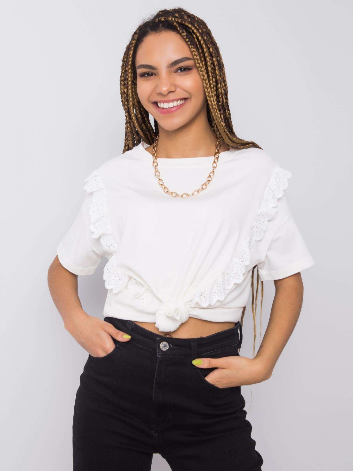 Biały t-shirt z falbanami Mylene