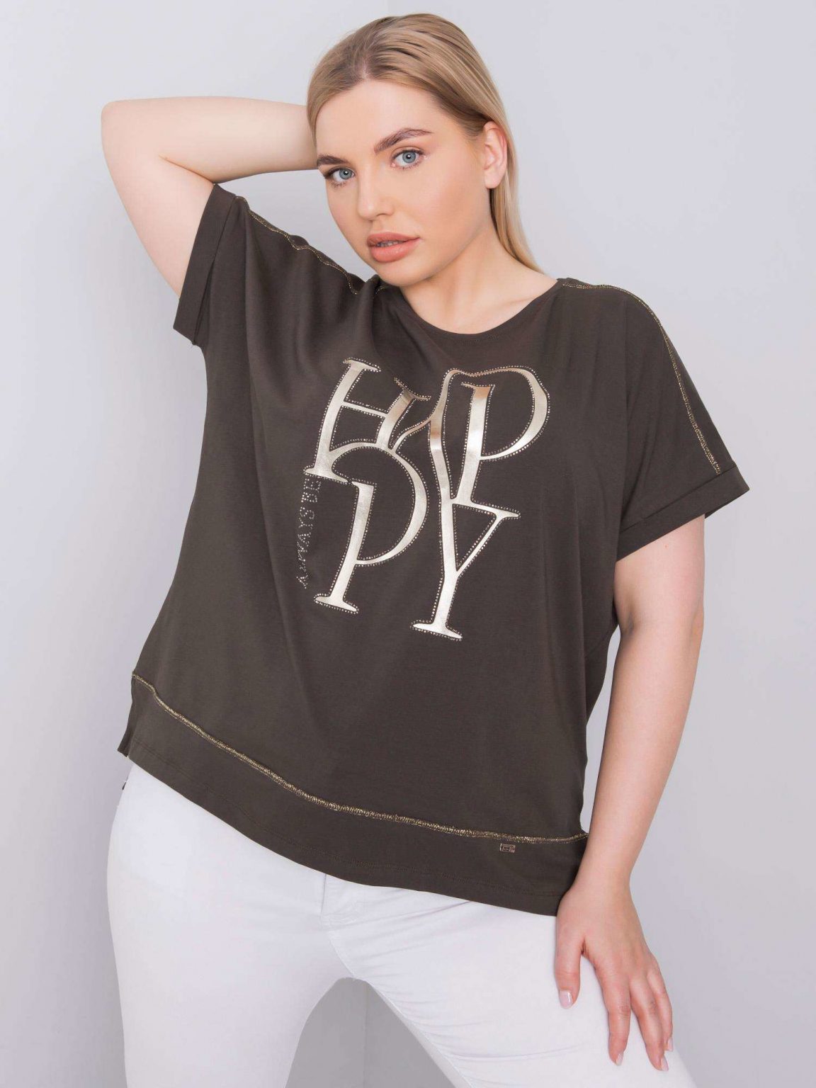 Ciemna khaki bluzka plus size z aplikacjami Heidi