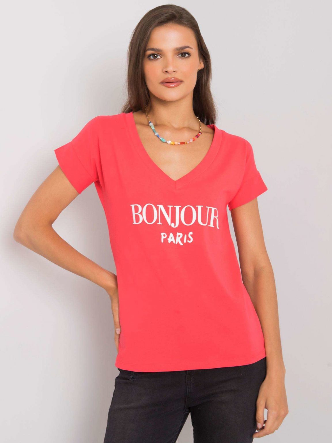 Koralowy t-shirt z napisem Emille