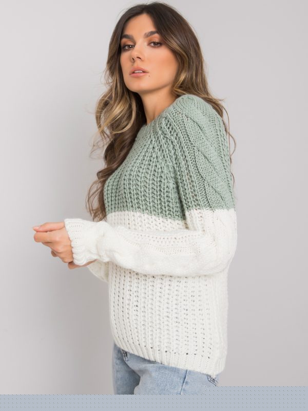 Zielony-ecru sweter damski z dzianiny Bergerac RUE PARIS