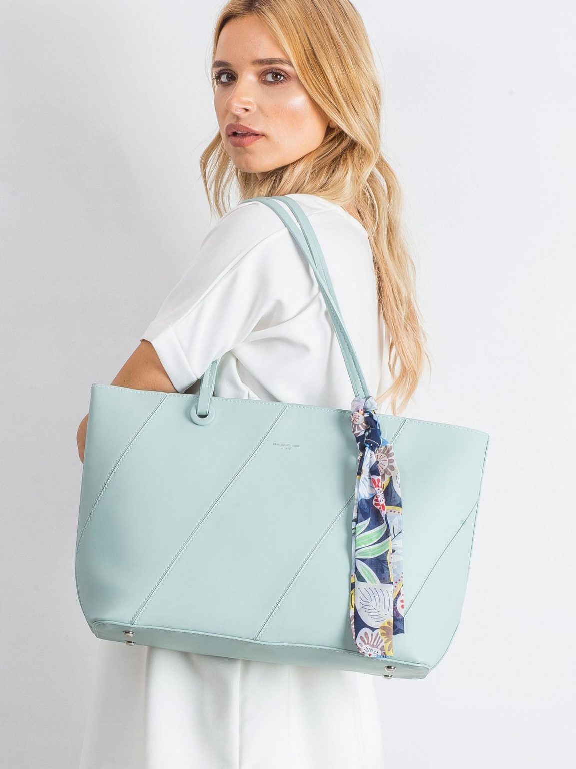 Miętowa torba shopper bag z apaszką