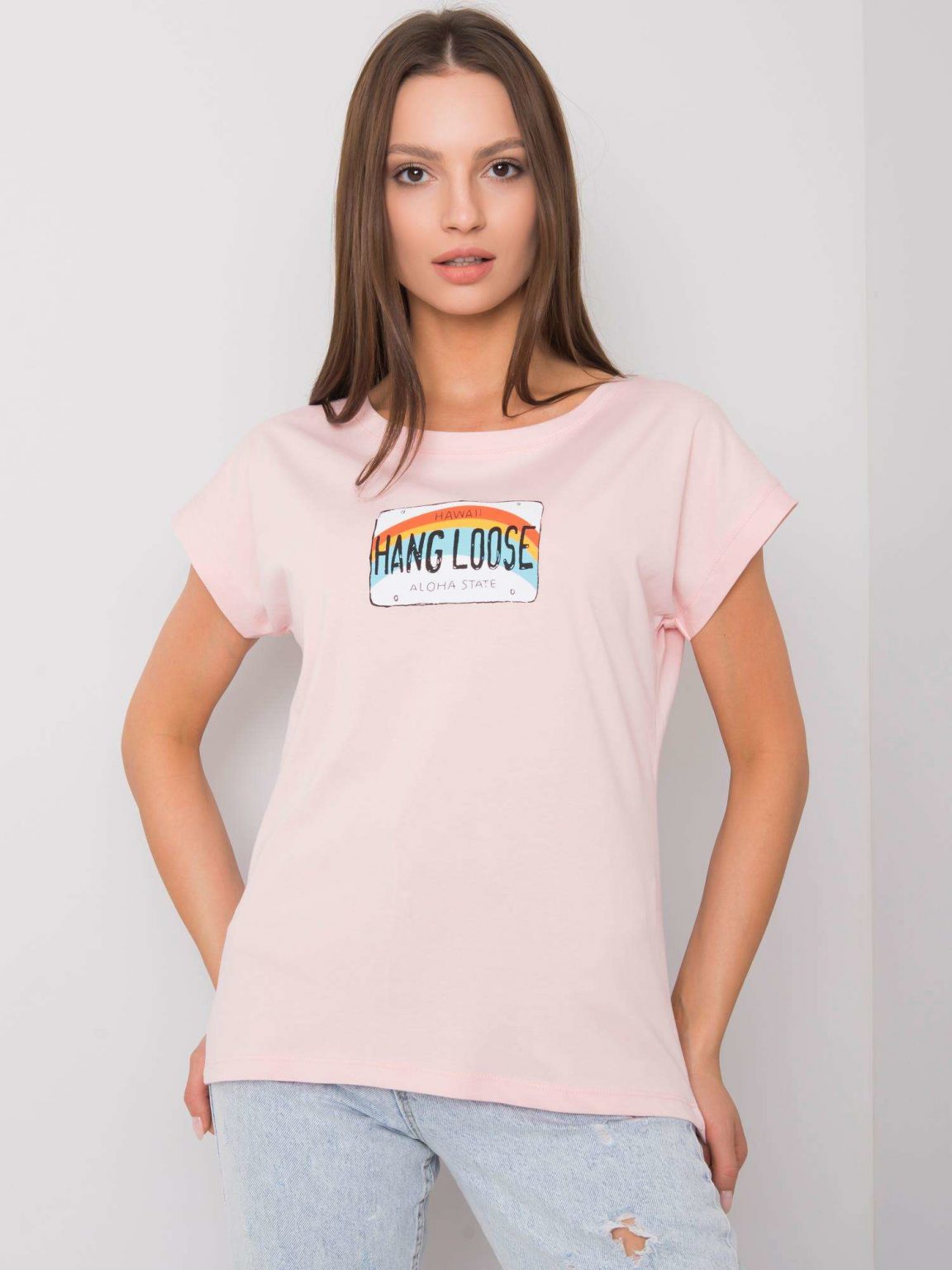Jasnoróżowy t-shirt z nadrukiem Aloha