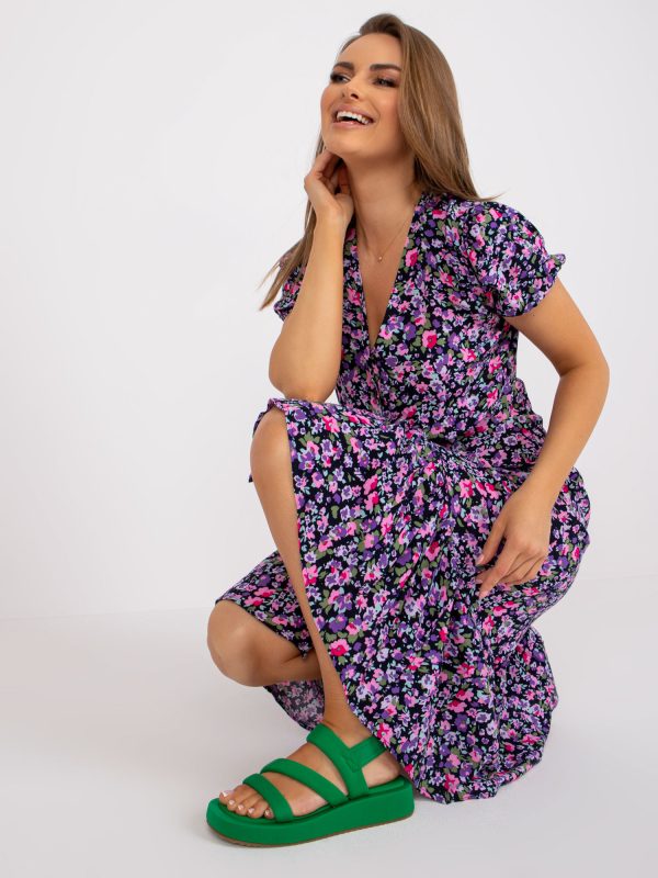 Czarno-różowa midi sukienka z printem w kwiaty RUE PARIS