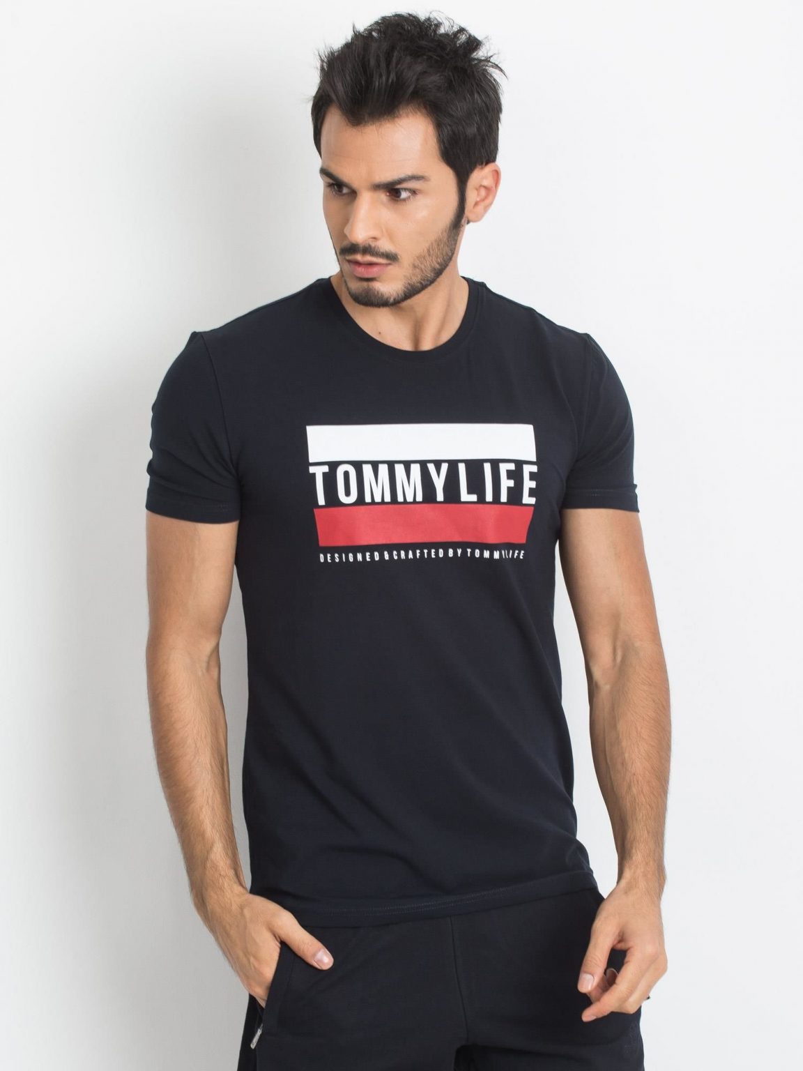 TOMMY LIFE Męski granatowy t-shirt