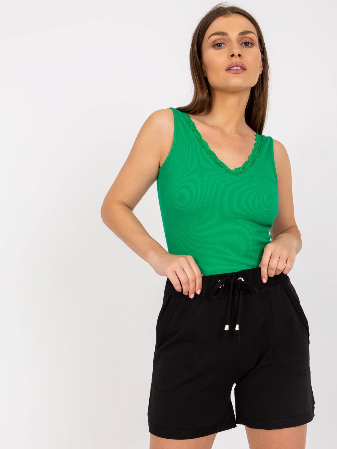 Zielony dopasowany top basic w prążki RUE PARIS