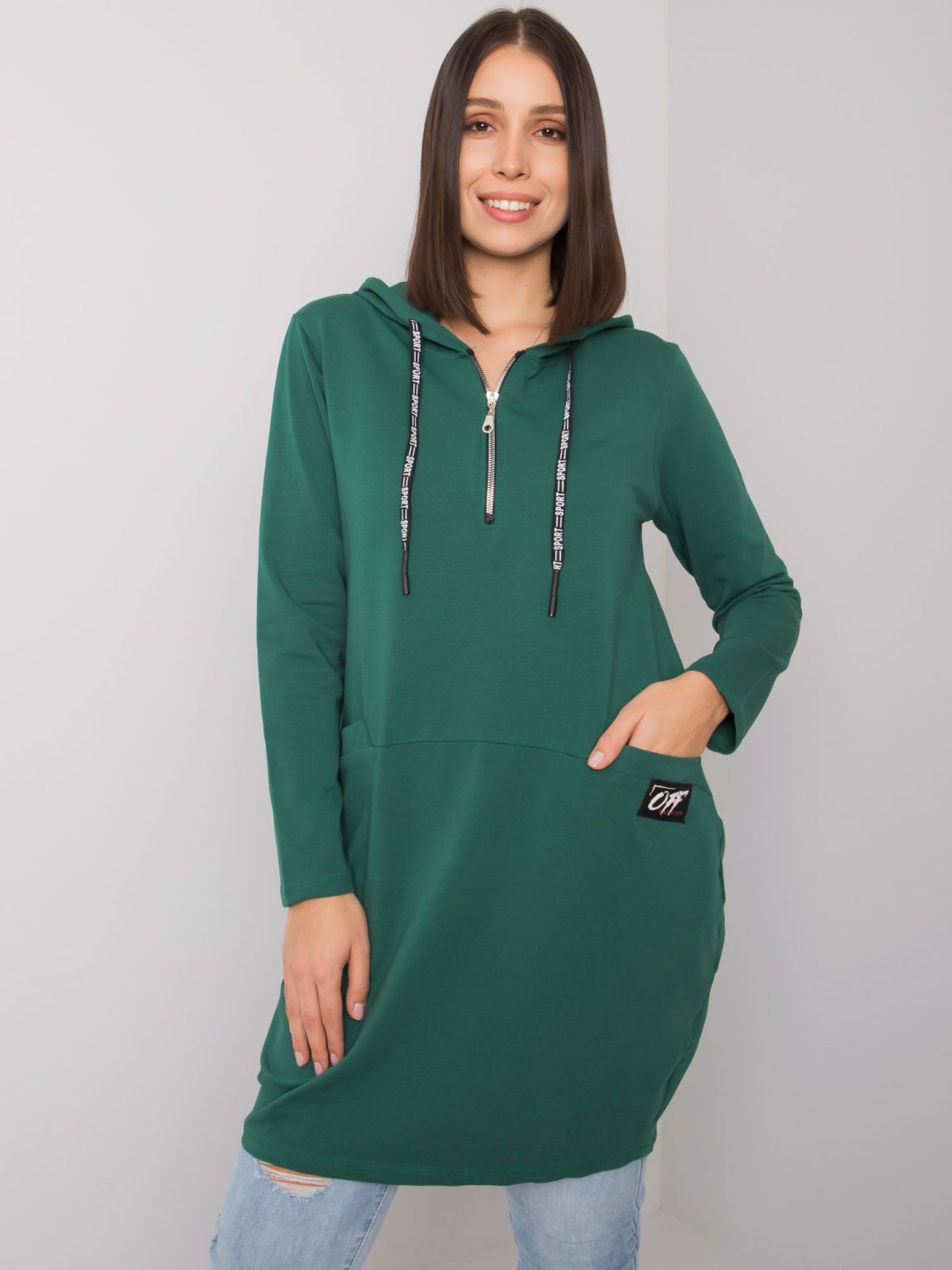 Ciemnozielona bawełniana tunika plus size z kapturem Kierra