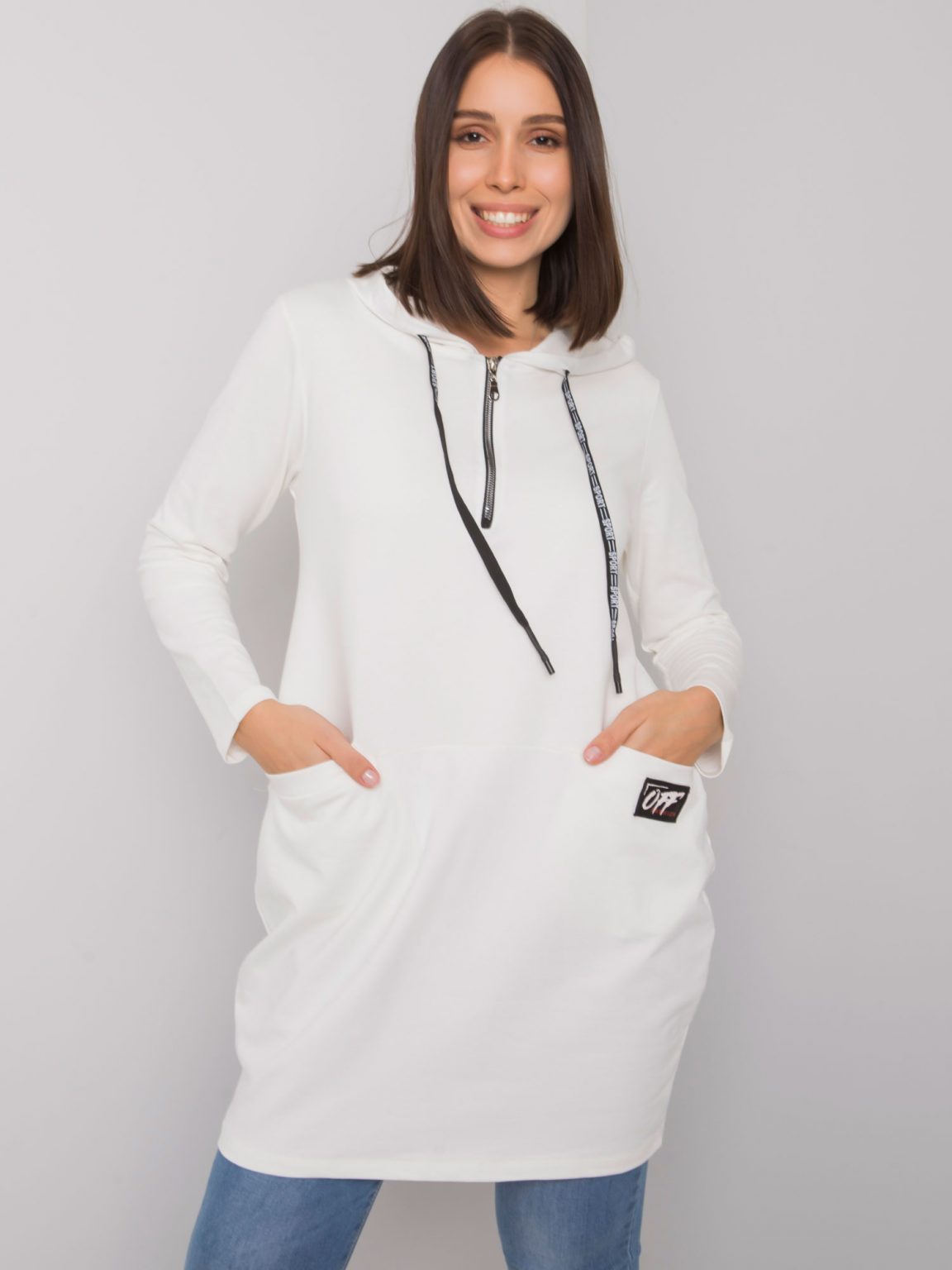 Ecru bawełniana tunika plus size z kapturem Kierra