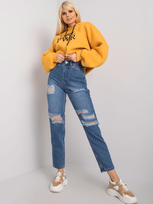 Niebieskie jeansy mom fit z dziurami Odette RUE PARIS