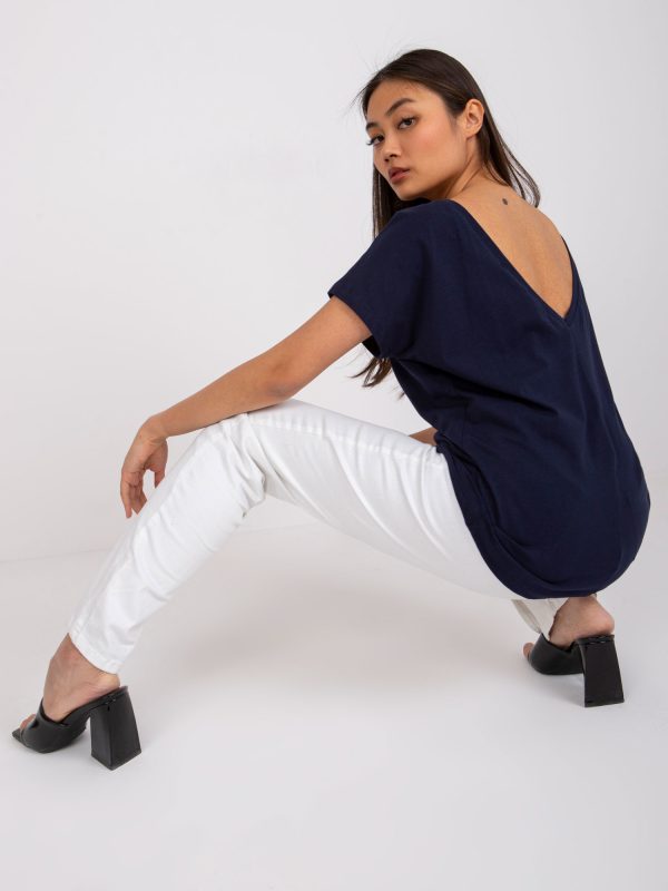 Granatowy t-shirt basic z dekoltem na plecach Fire