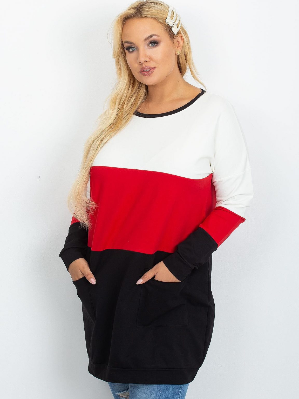 Ecru-czerwona tunika plus size Bease