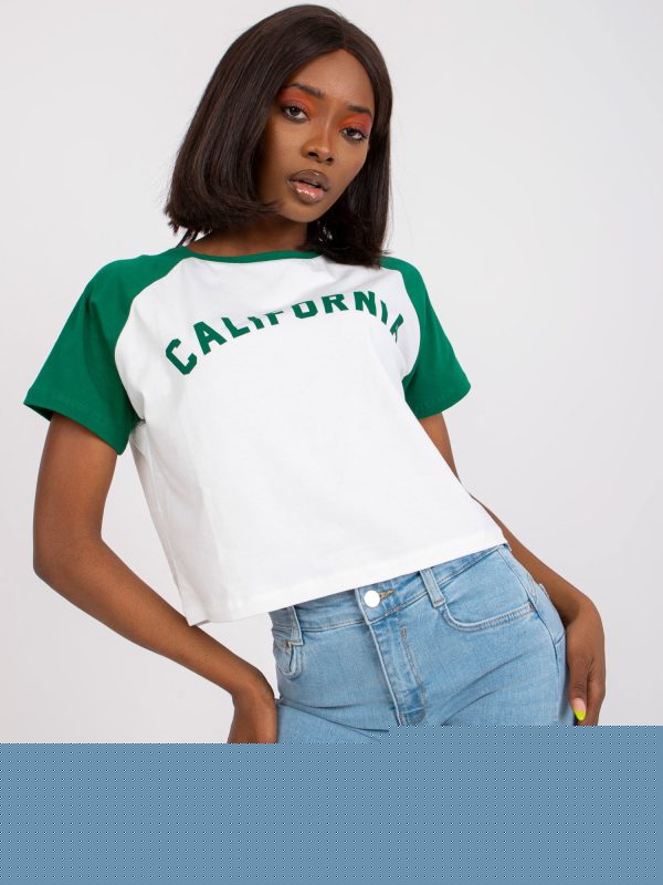 Biało-zielony t-shirt z nadrukiem z okrągłym dekoltem