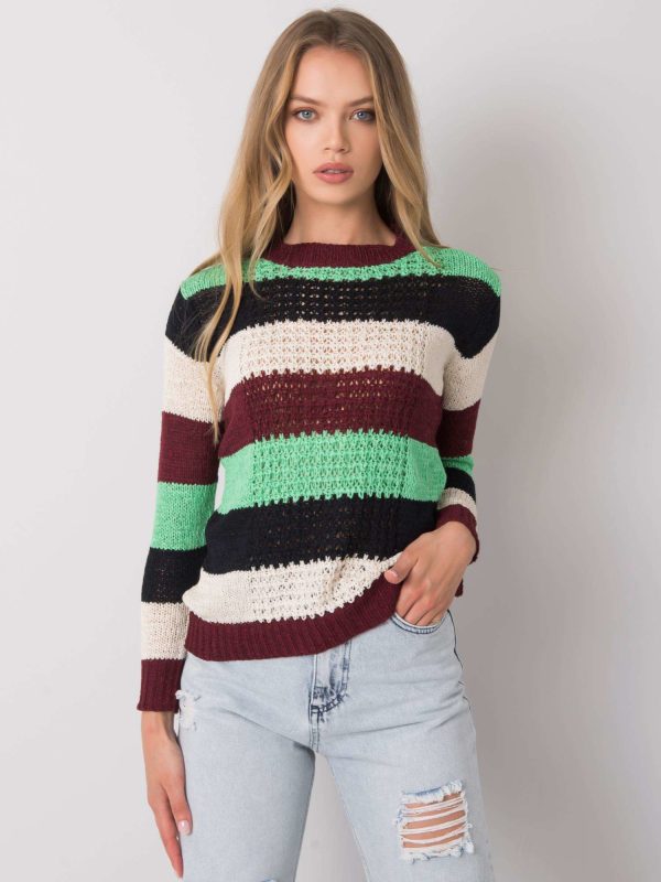 Bordowo-zielony sweter w pasy