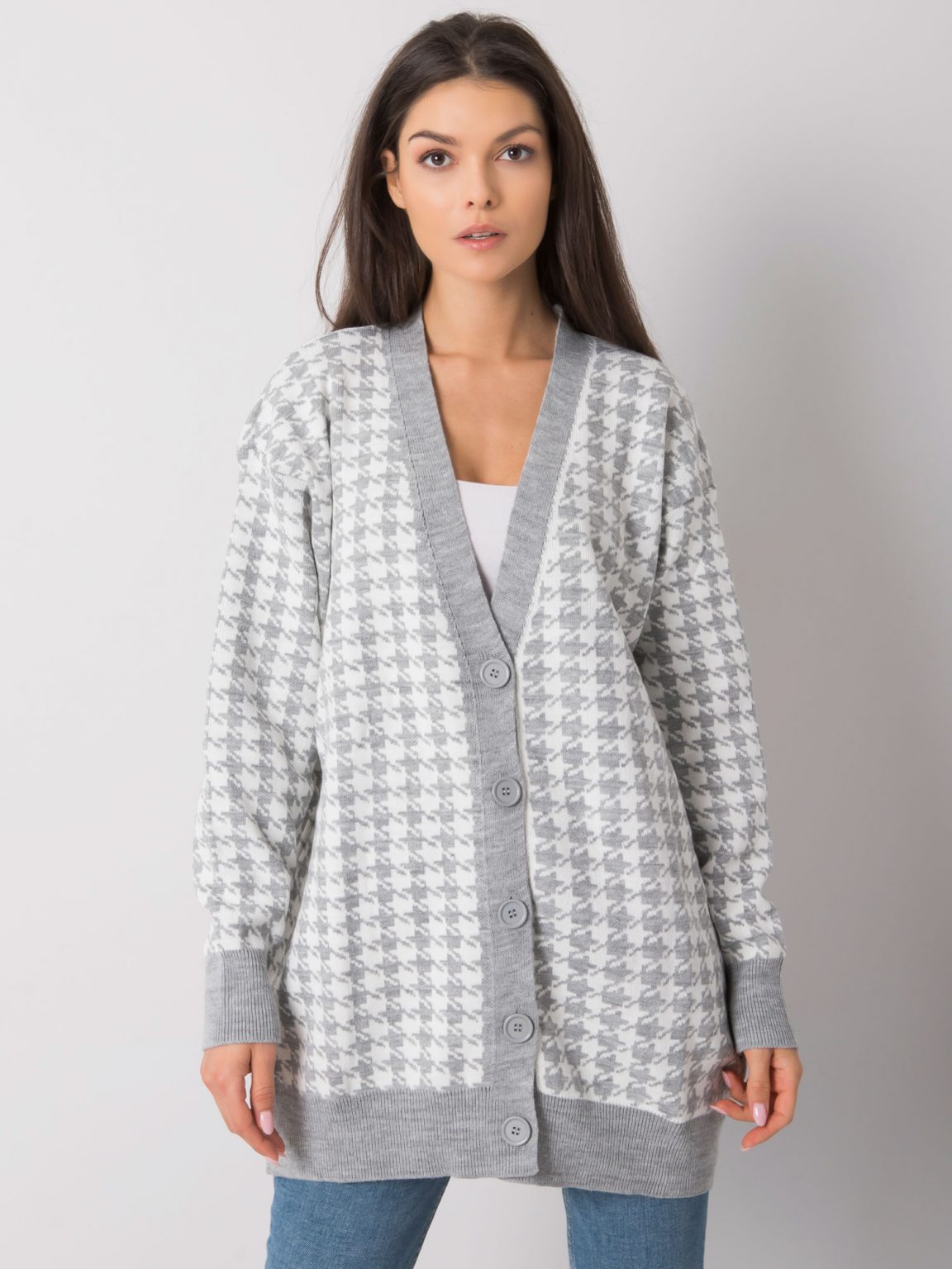 Szaro-biały sweter rozpinany w pepitkę Arlington RUE PARIS