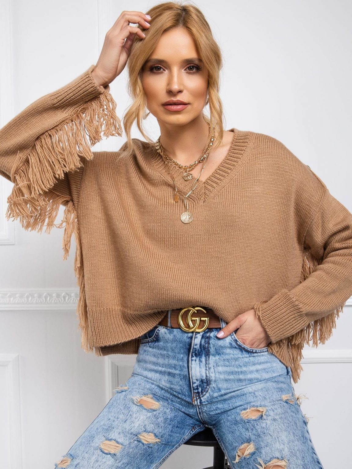 BY O LA LA Jasnobrązowy sweter Helen