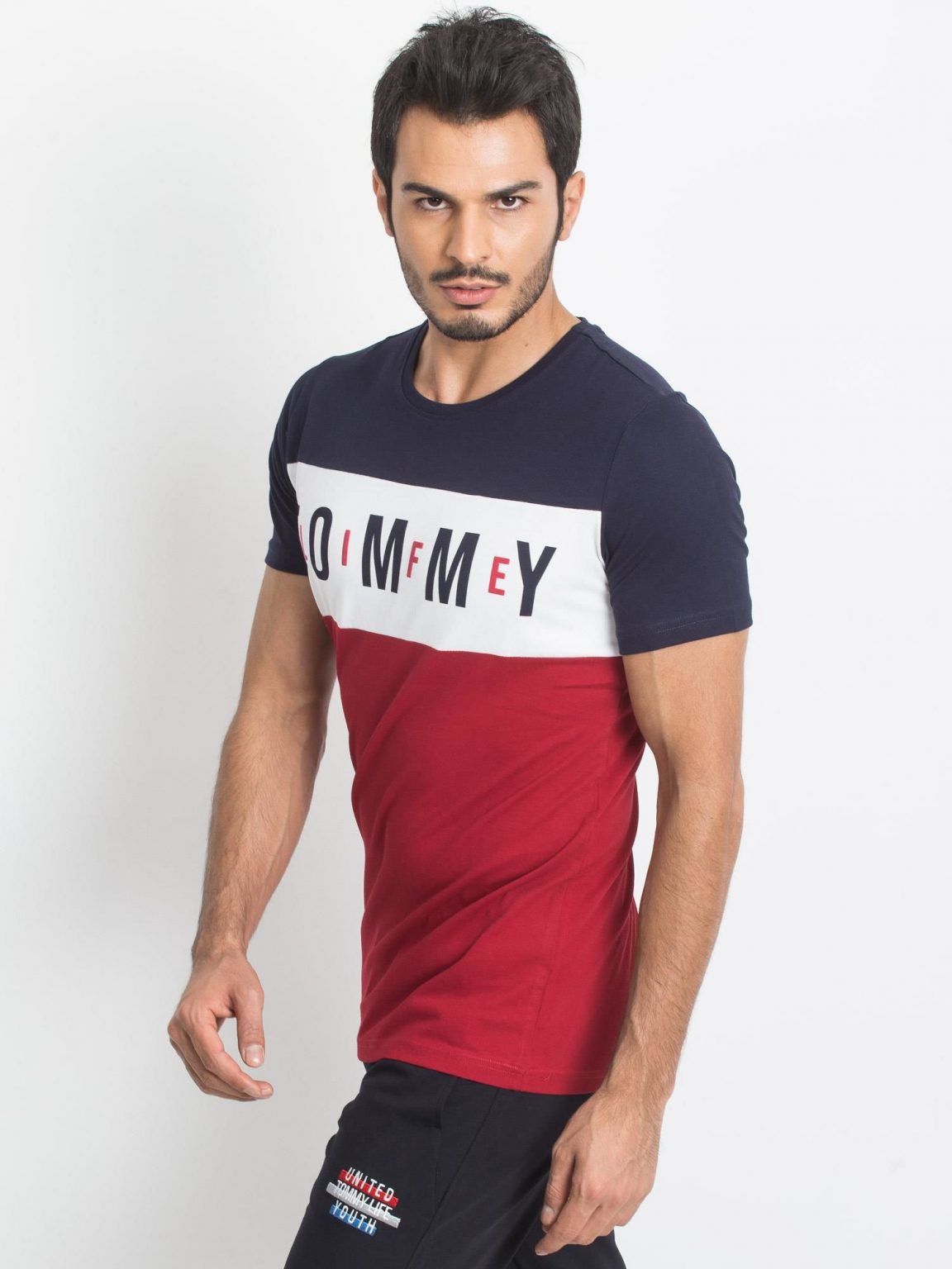 TOMMY LIFE Granatowo-czerwony t-shirt męski