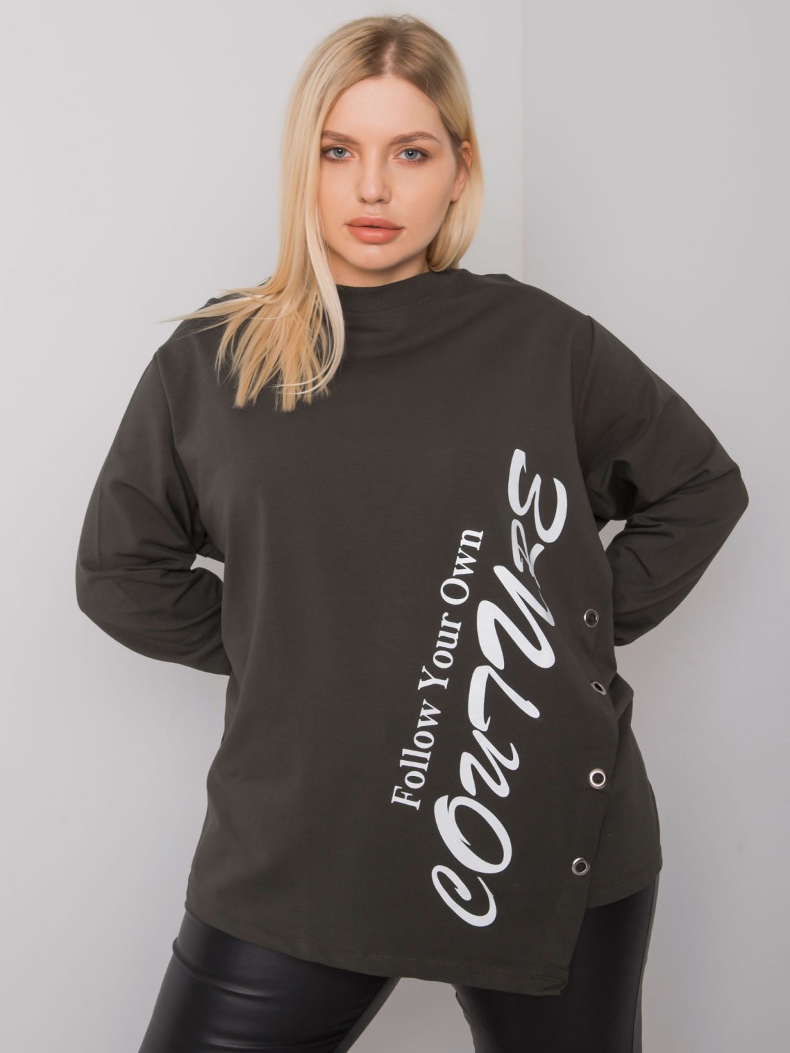 Ciemna khaki bluzka asymetryczna plus size Elfriede