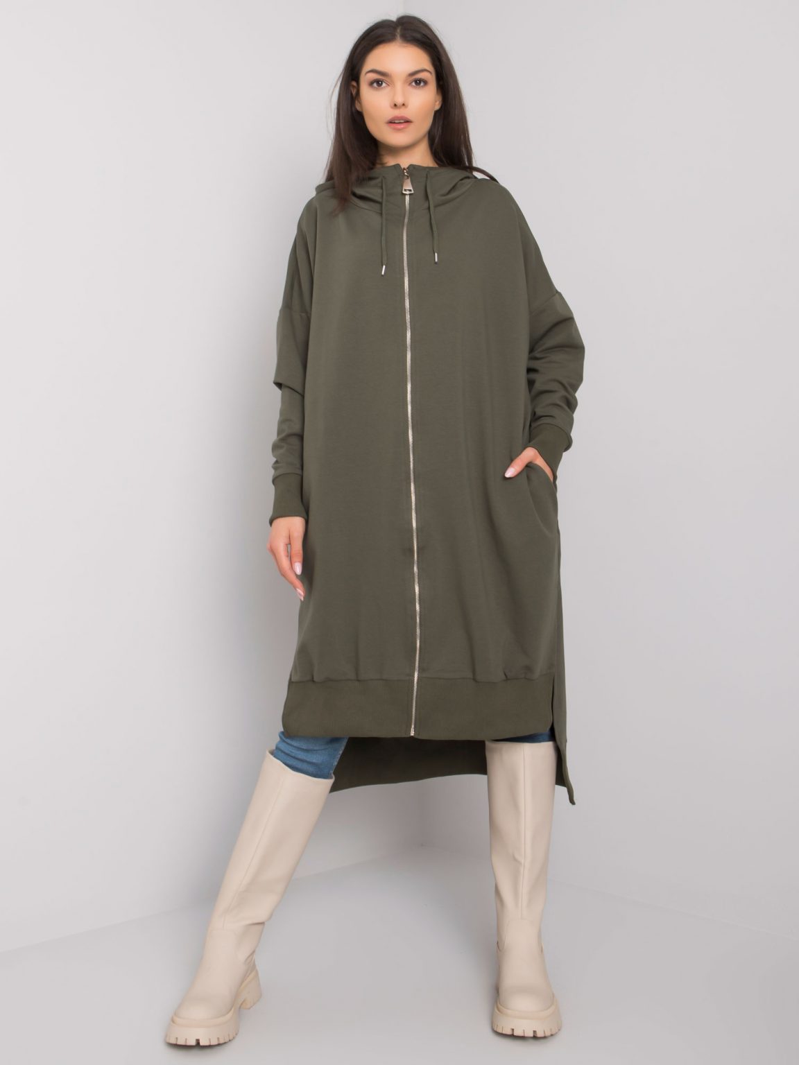 Ciemna khaki długa bluza z kapturem Carlina