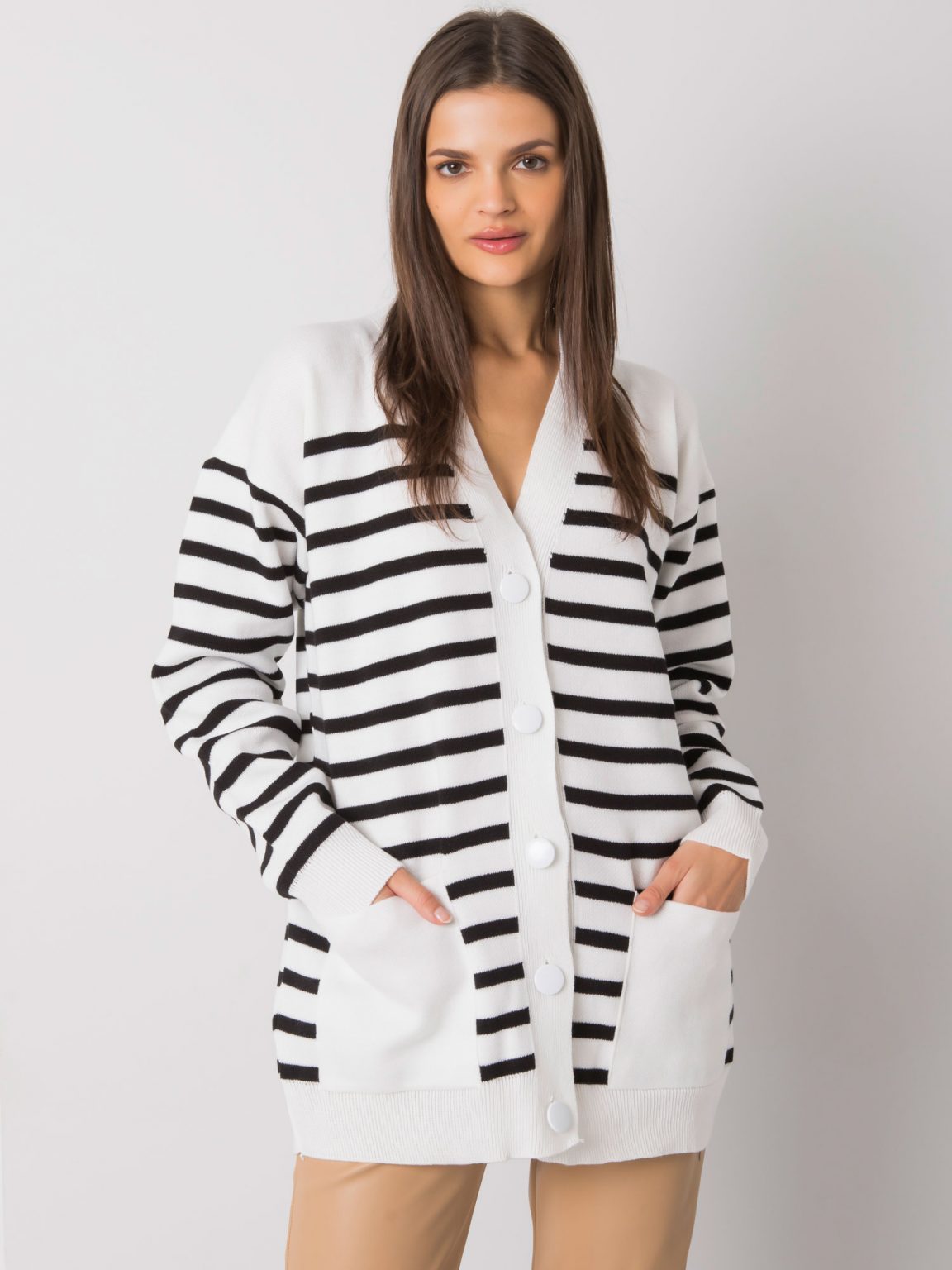 Ecru sweter rozpinany w paski Majestic RUE PARIS