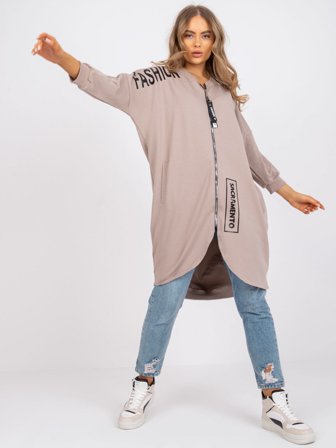 Beżowa długa bluza rozpinana oversize bez kaptura