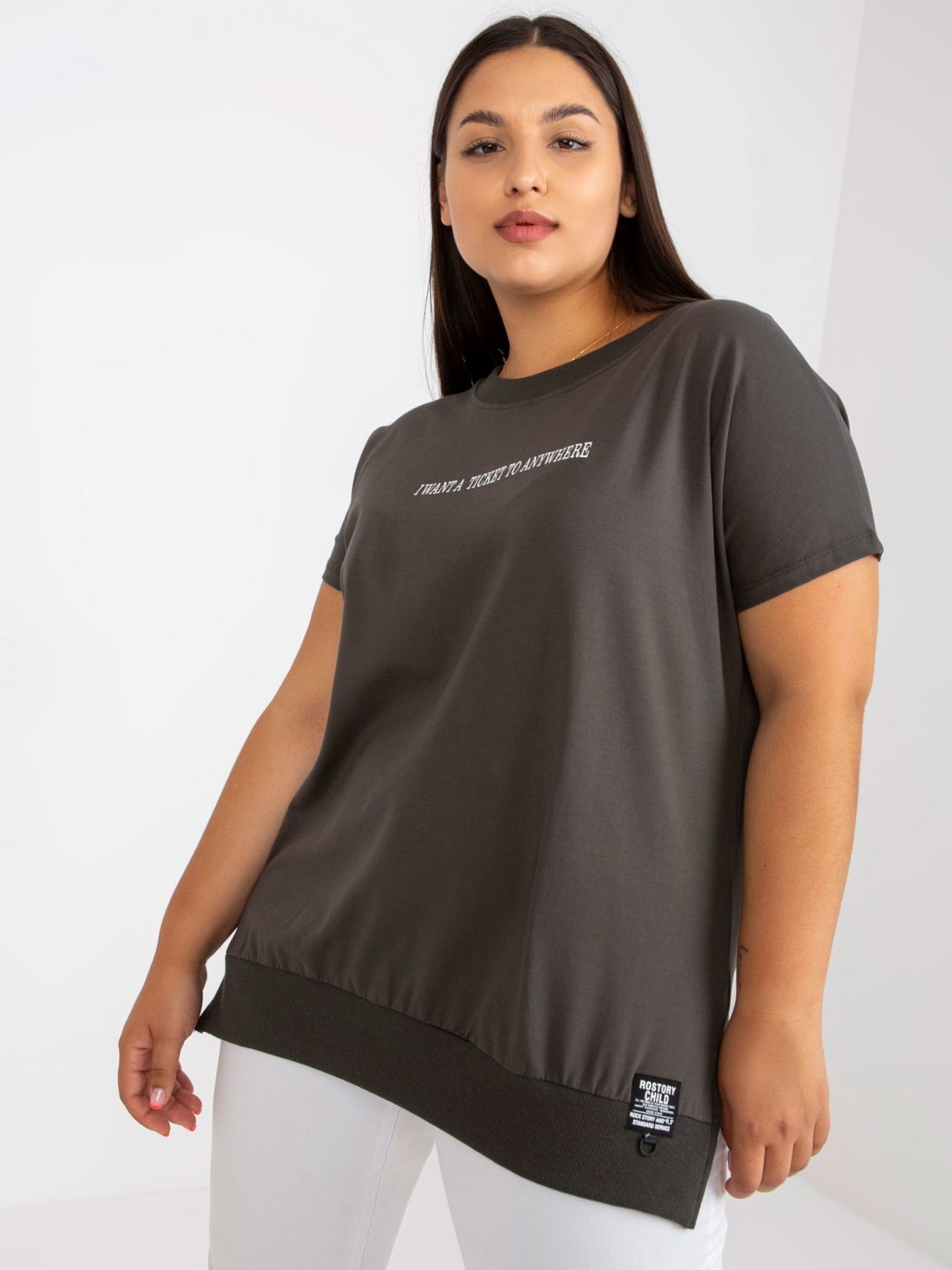 Khaki luźna bluzka plus size z napisem