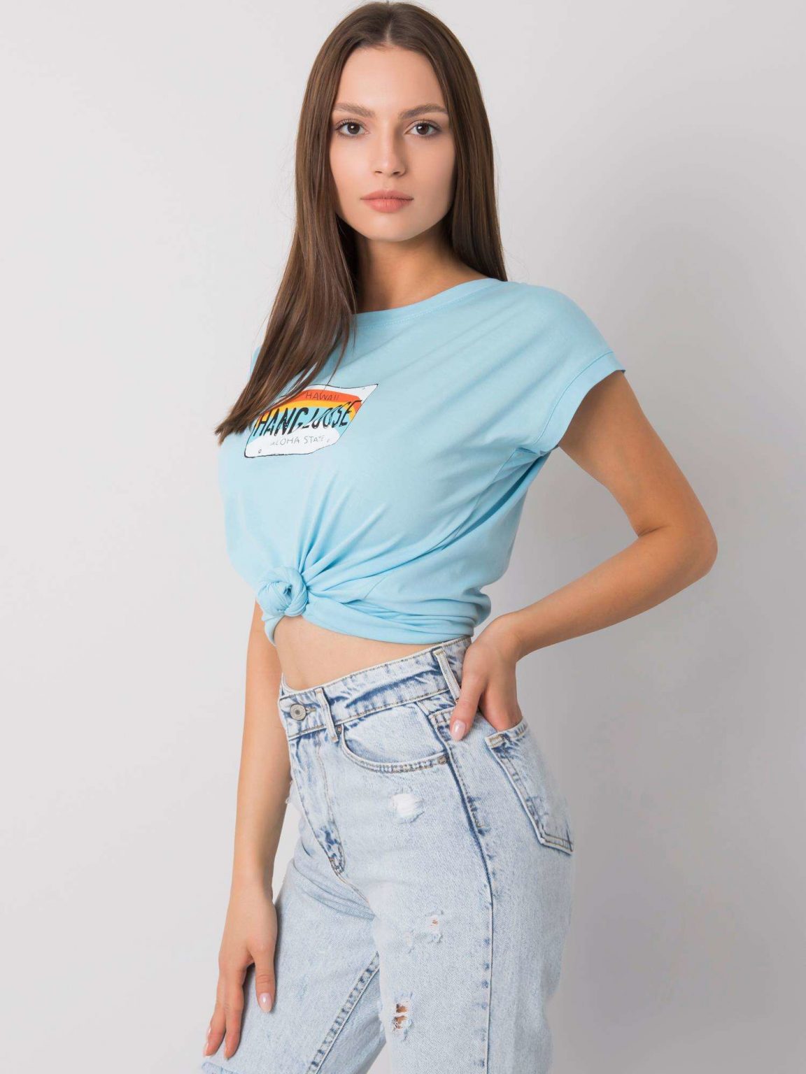 Jasnoniebieski t-shirt z nadrukiem Aloha