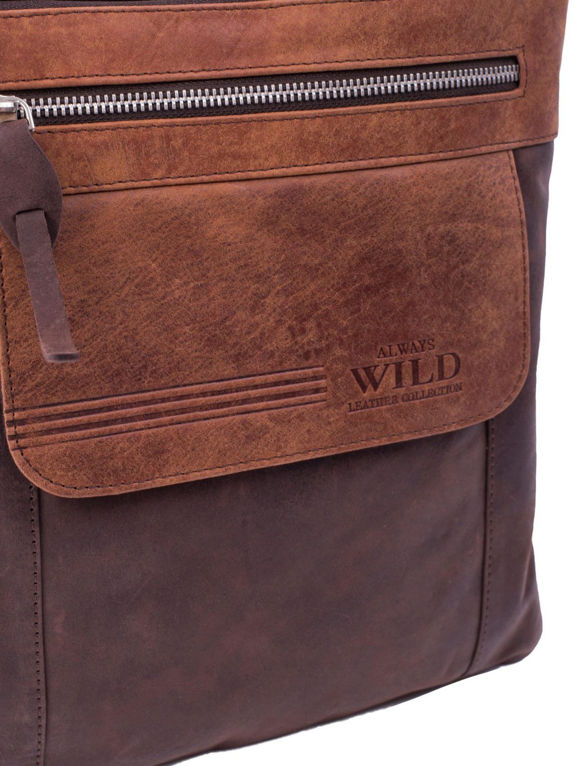 Ciemnobrązowa skórzana torebka męska z paskiem i suwakiem