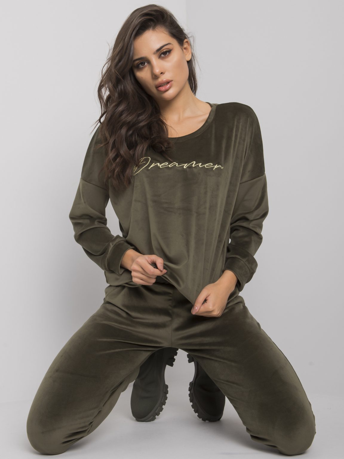 Khaki dwuczęściowy komplet z weluru Fidenza RUE PARIS