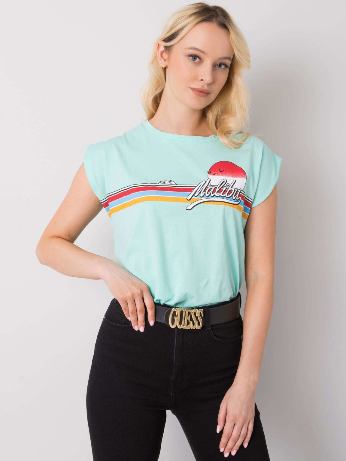 Miętowy t-shirt z nadrukiem Malibu