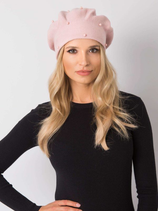 Jasnoróżowy beret z perełkami