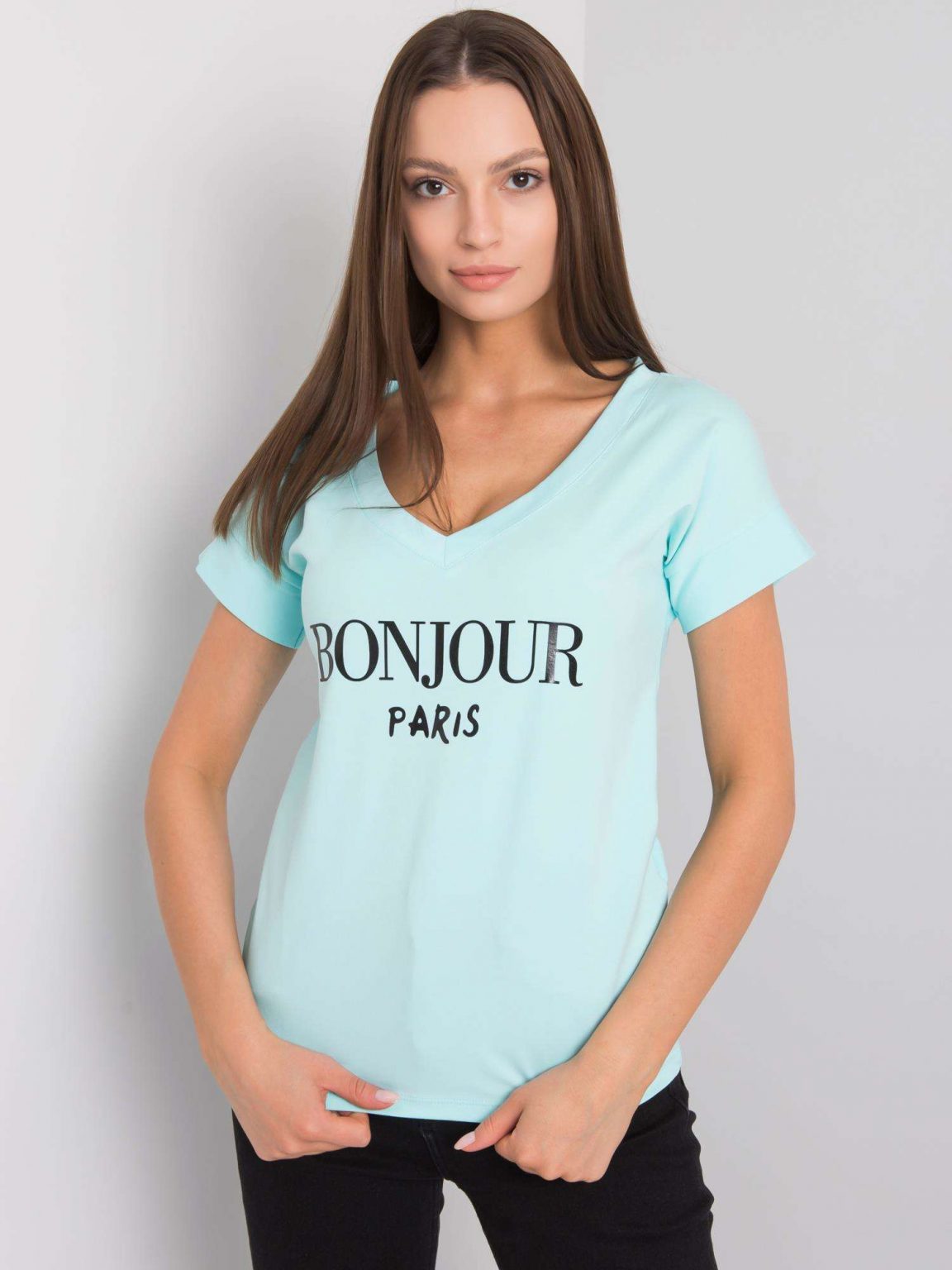 Miętowy t-shirt z napisem Emille