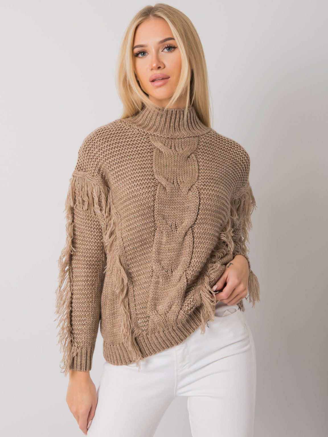 Ciemnobeżowy sweter z frędzlami Caitri RUE PARIS