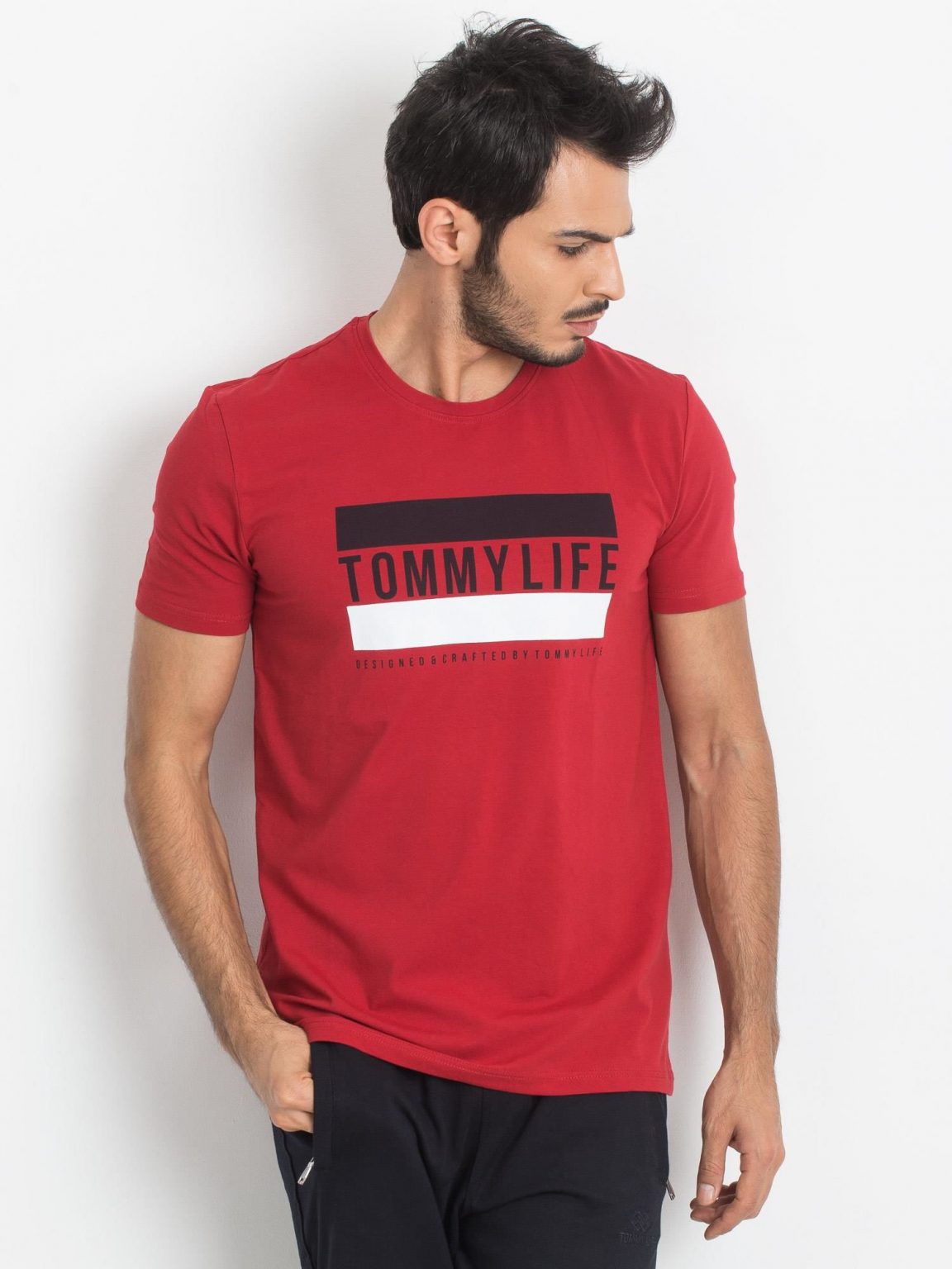 TOMMY LIFE Męski czerwony t-shirt