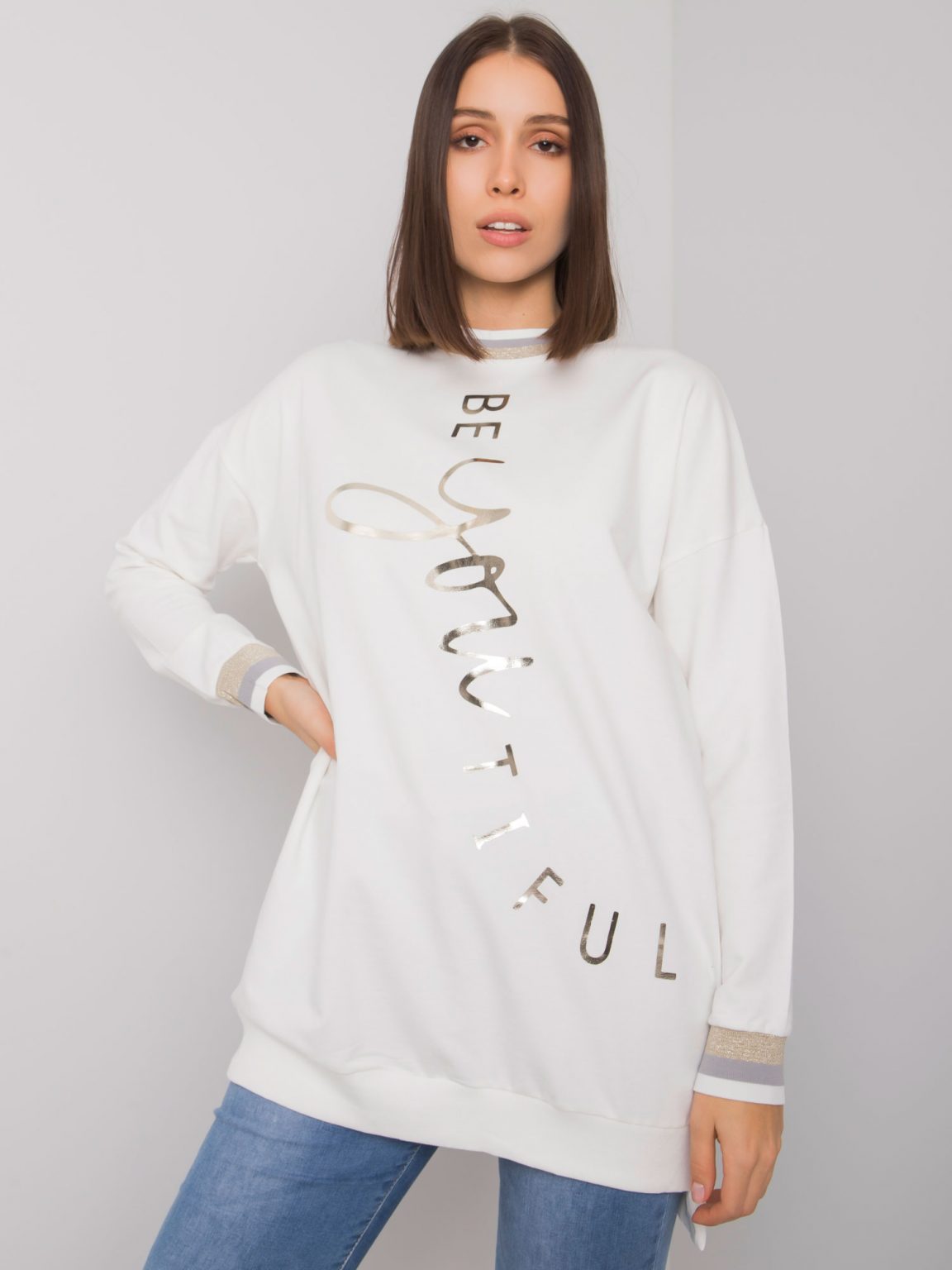 Ecru bawełniana tunika plus size z napisem Jamellia