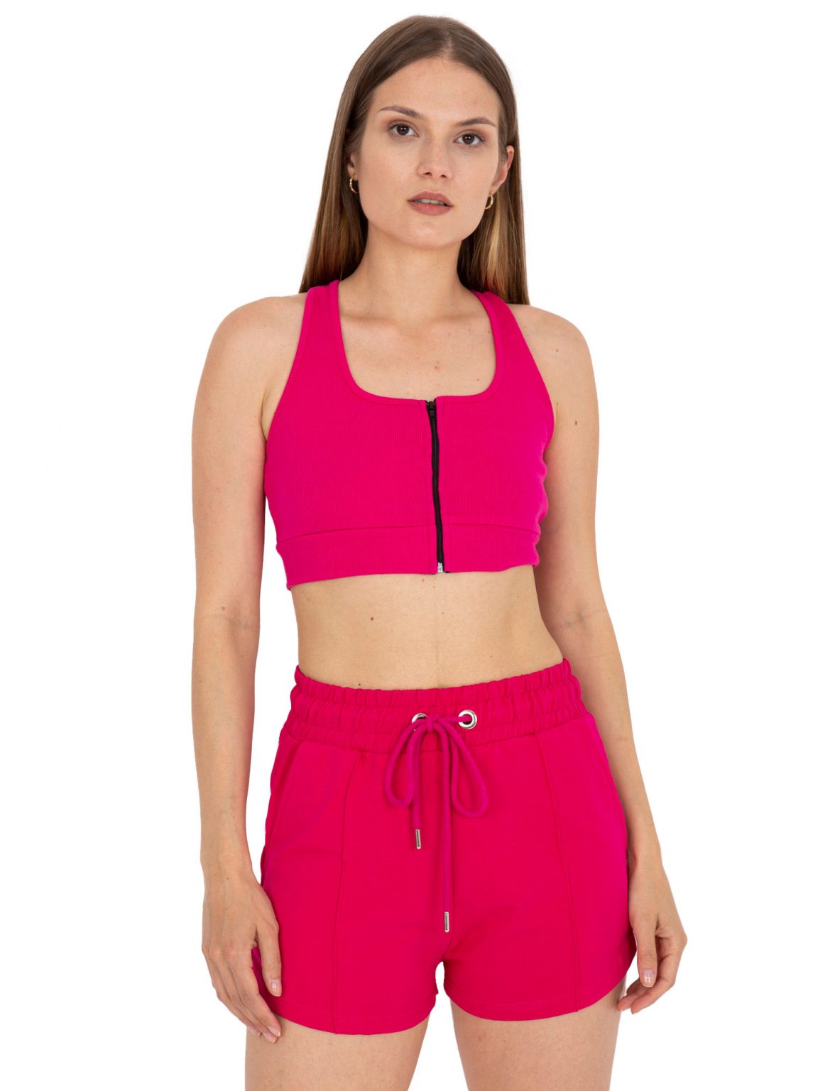 Fuksjowy prążkowany crop top basic z zapięciem RUE PARIS