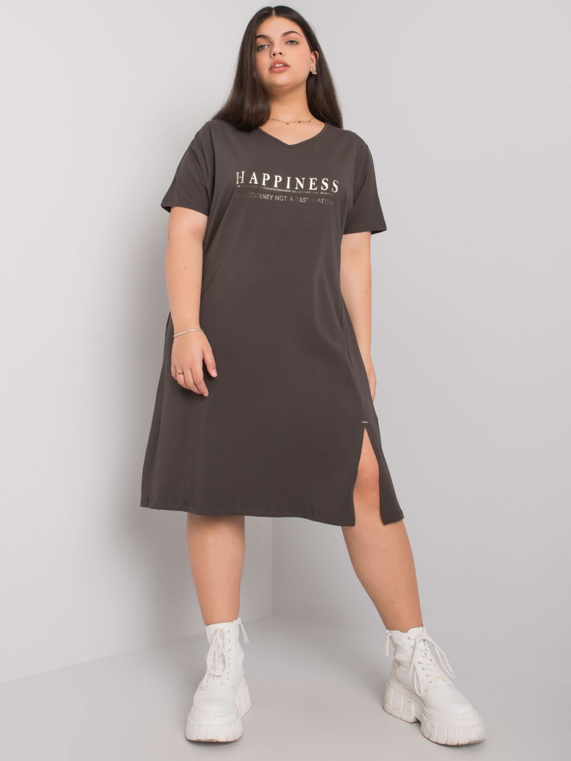 Ciemna khaki sukienka plus size z rozcięciem Lucy
