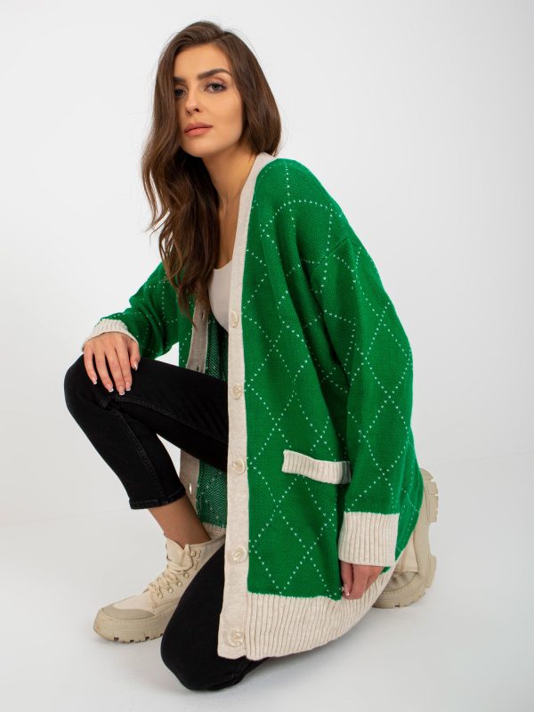 Hurtownia Zielony luźny sweter rozpinany z guzikami RUE PARIS