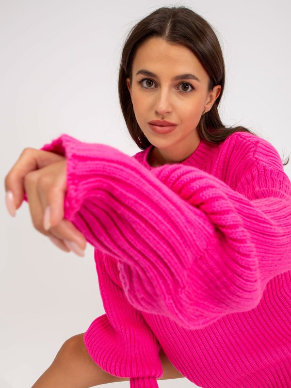 Hurtownia Fluo różowy dłuższy sweter oversize z dzianiny RUE PARIS