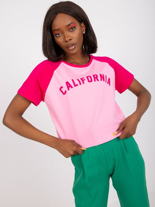 Hurtownia Różowo-fuksjowy krótki bawełniany t-shirt z napisem
