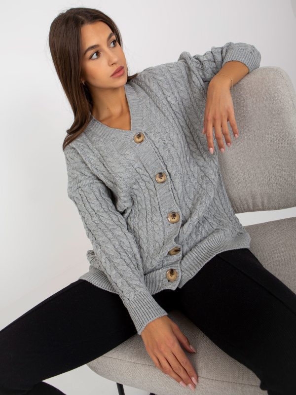 Hurtownia Szary sweter rozpinany z ozdobnymi guzikami RUE PARIS