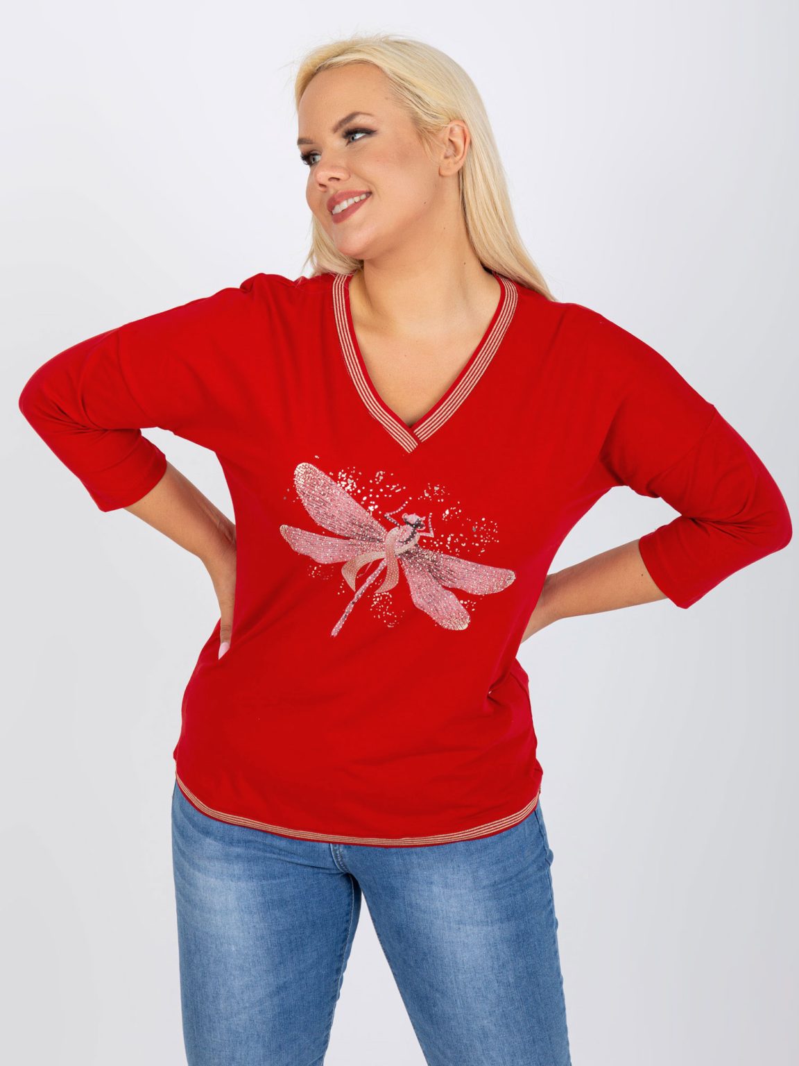 Hurtownia Czerwona bluzka plus size z dekoltem w serek