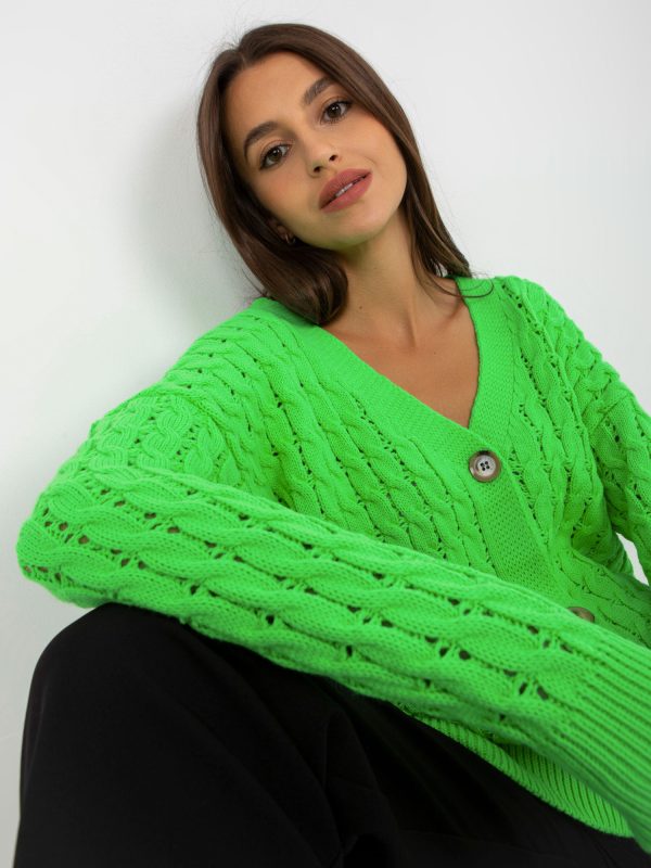 Hurtownia Fluo zielony ażurowy sweter rozpinany z warkoczami RUE PARIS
