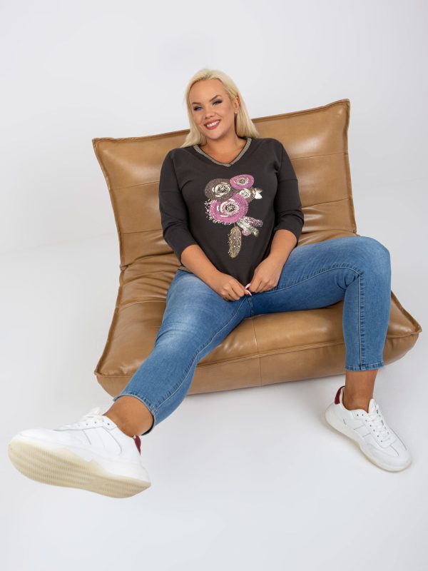 Hurtownia Khaki damska bluzka plus size z nadrukiem i aplikacją