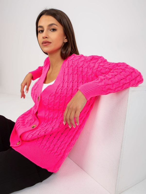 Hurtownia Fluo różowy ażurowy sweter rozpinany w warkocze RUE PARIS