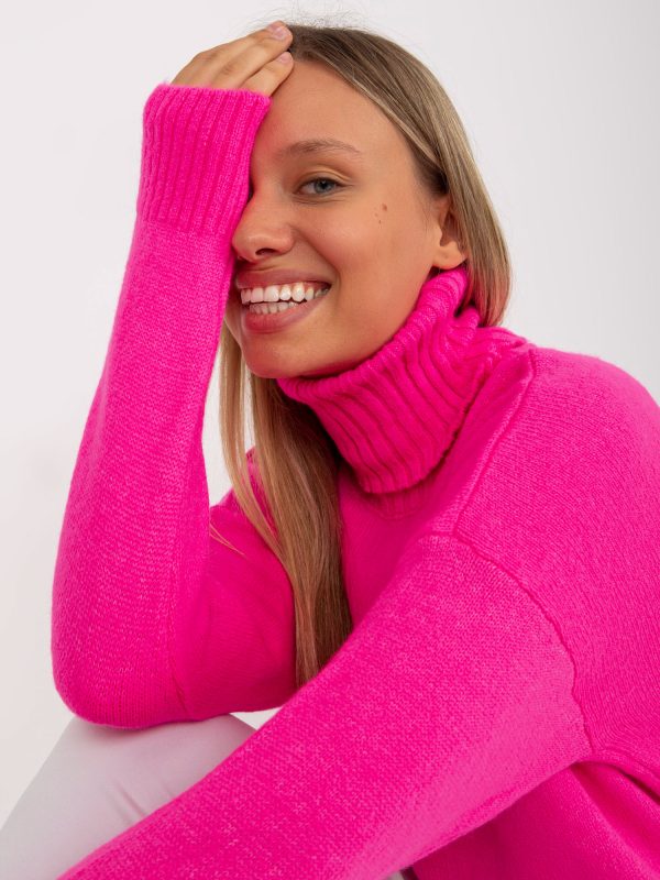 Hurtownia Fluo różowy gładki sweter z golfem o luźnym kroju RUE PARIS