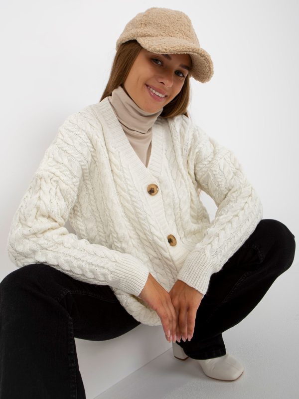 Hurtownia Ecru damski sweter rozpinany z warkoczami RUE PARIS