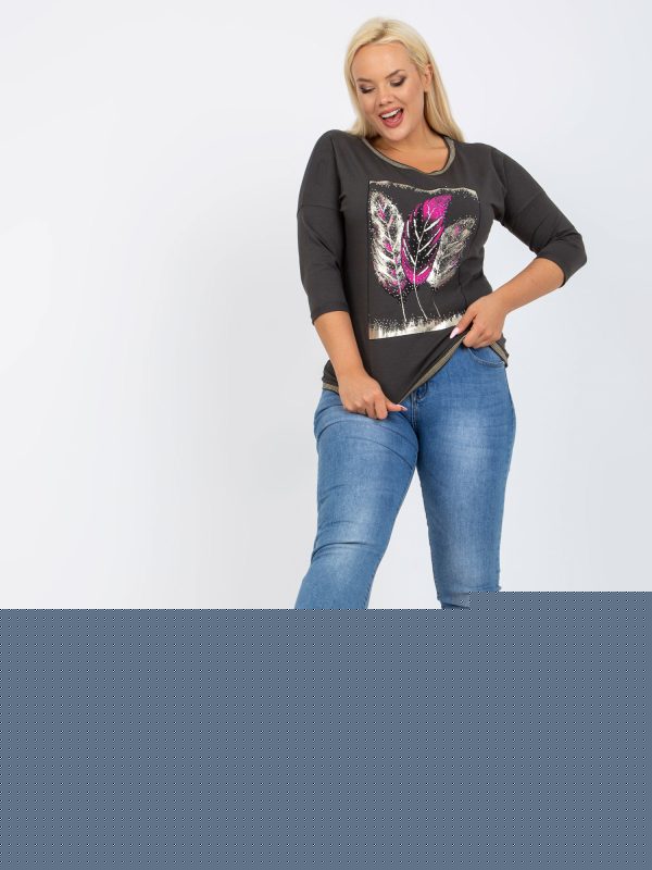 Hurtownia Khaki damska bluzka plus size z aplikacją i nadrukiem