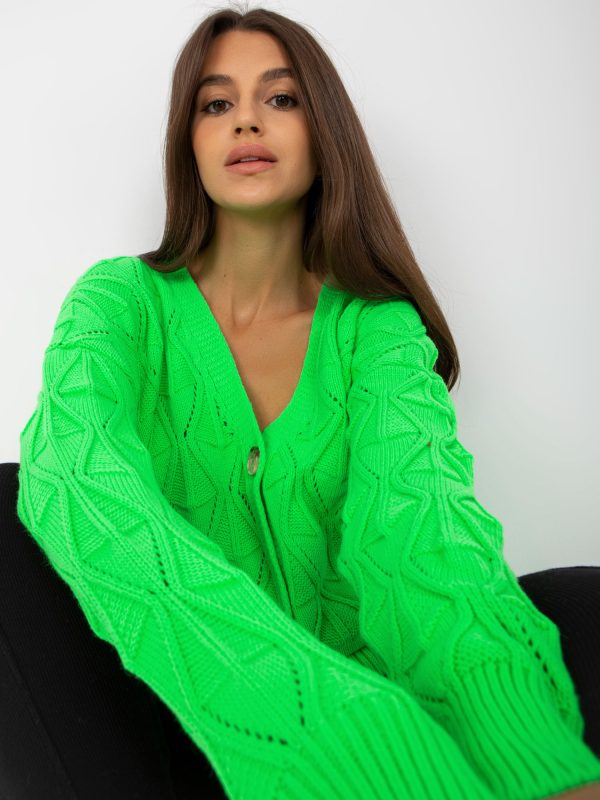 Hurtownia Fluo zielony ażurowy sweter rozpinany z guzikami RUE PARIS